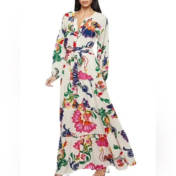 chinese dress ladies Tiered Bohemian Maxi Dress with drawstring waist (Multi-color)